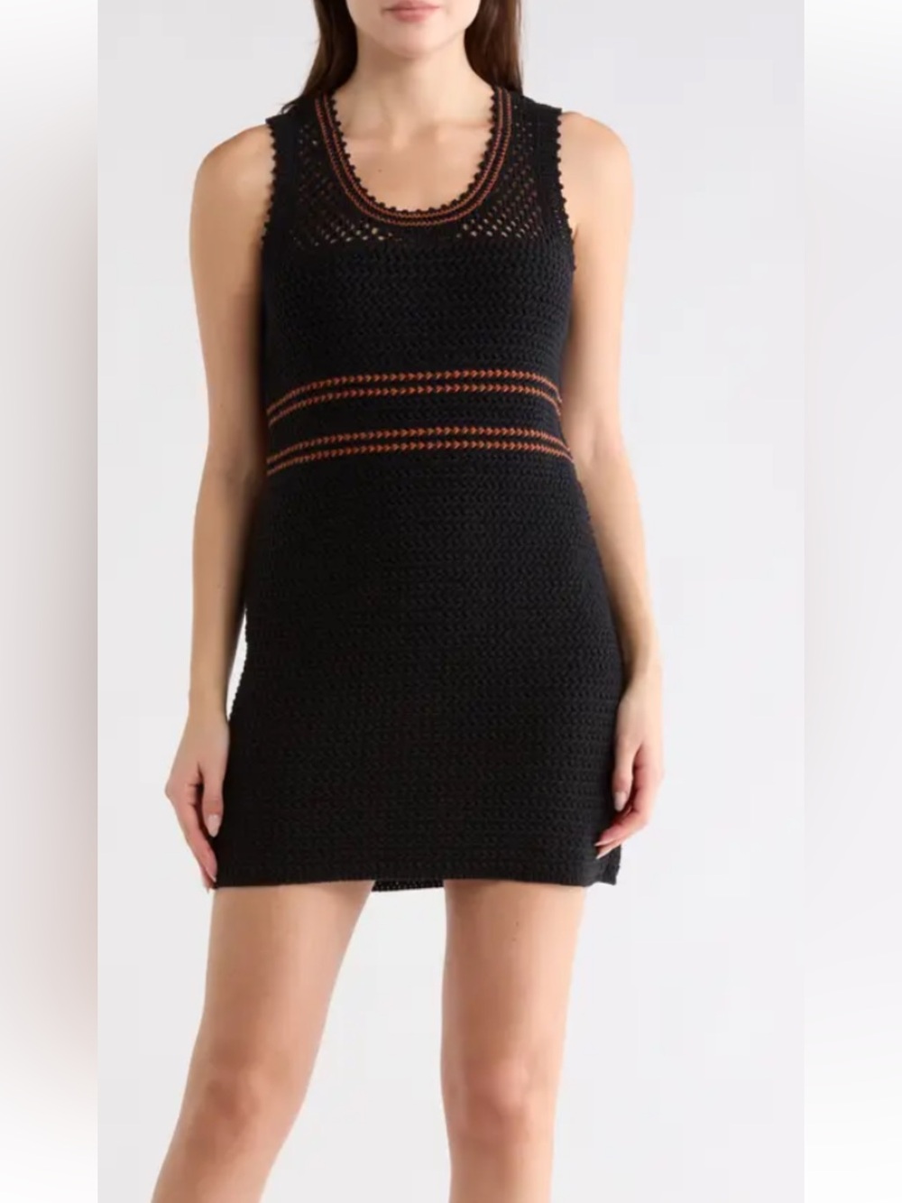 Re/Done Black Crochet Mini Dress with Brown Waistband Stripes size M